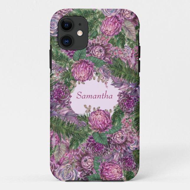 Capa Para iPhone 11 Flores Roxas com Nome (Verso)
