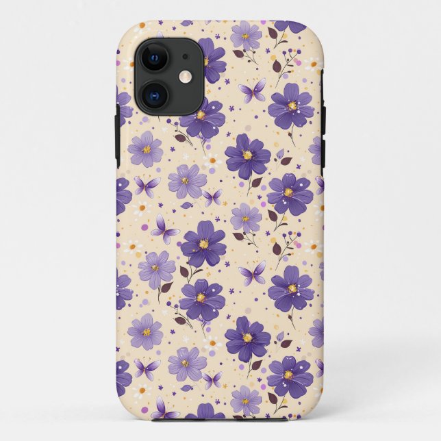 Capa Para iPhone 11 Flores Roxas e Borboletas Floral Celular (Verso)