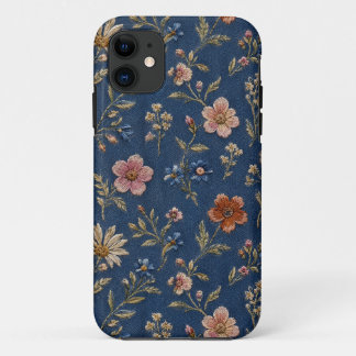 Capa Para iPhone 11 Flores silvestres simples bordadas em fundo de jea