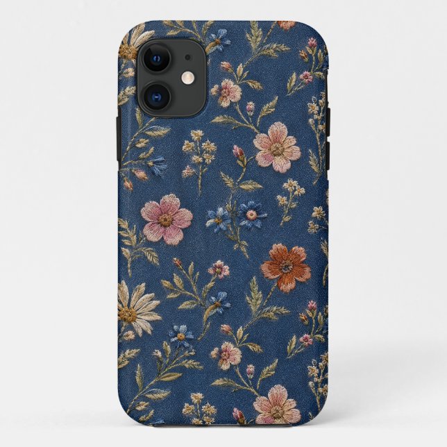 Capa Para iPhone 11 Flores silvestres simples bordadas em fundo de jea (Verso)