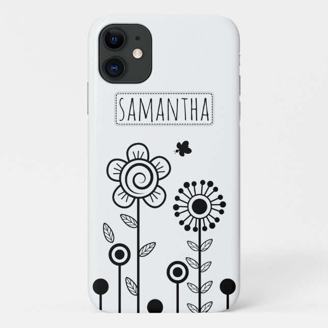Capa Para iPhone 11 Flores simples, pretas e brancas e nome floral (Verso)