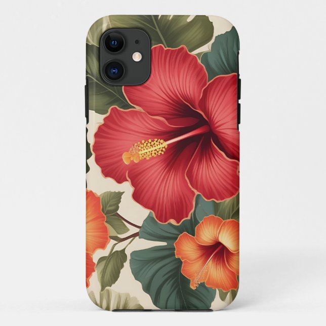 Capa Para iPhone 11 Flores Tropicais De Hibisco Retro (Verso)