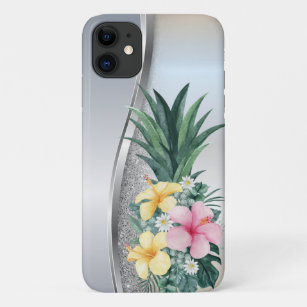 Capa Para iPhone 11 Flores tropicais do abacaxi de prata legal
