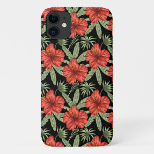 Capa Para iPhone 11 Flores tropicais vermelhas Folhas verdes
