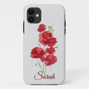 Capa Para iPhone 11 Flores Vermelhas e Pássaros Roxos