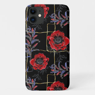 Capa Para iPhone 11 Flores vermelhas em preto.
