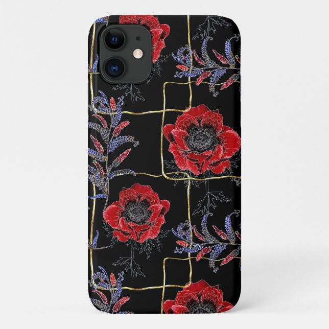 Capa Para iPhone 11 Flores vermelhas em preto. (Verso)