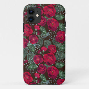 Capa Para iPhone 11 Flores vermelhas, padrão floral de aquarela.