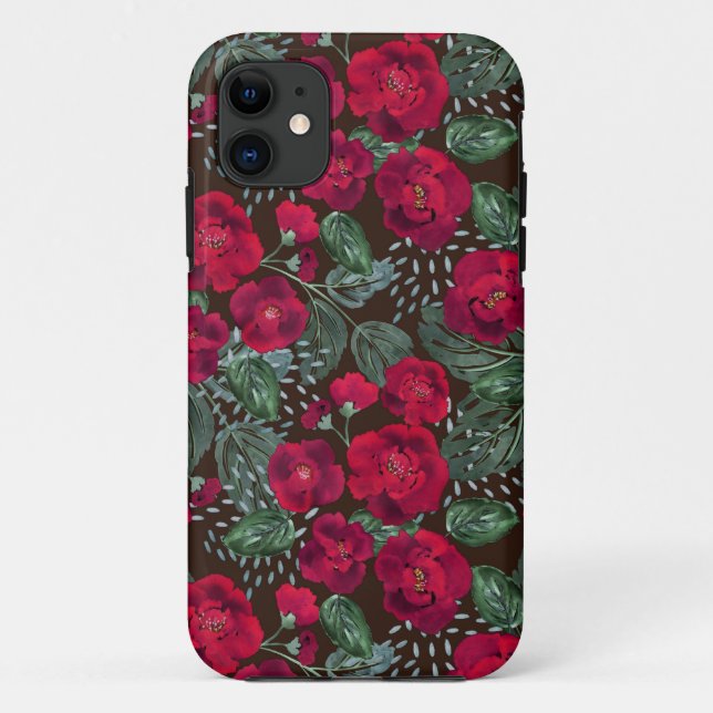 Capa Para iPhone 11 Flores vermelhas, padrão floral de aquarela. (Verso)