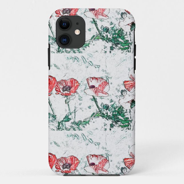 Capa Para iPhone 11 Flores Vermelhas Poppies Sketch (Verso)