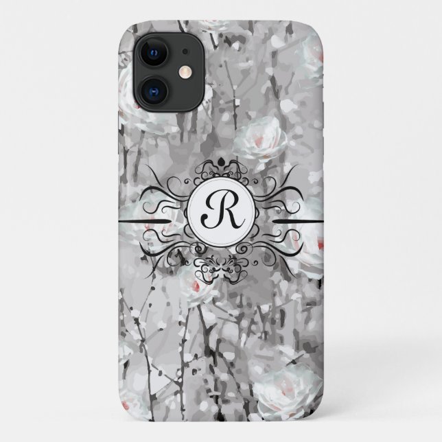 Capa Para iPhone 11 Floresta branca de rosas, cinza floral de inverno (Verso)