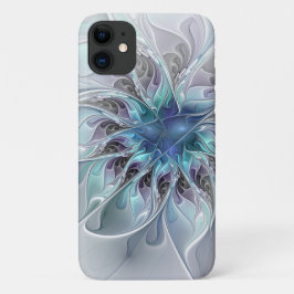 Capa Para iPhone 11 Flourar Abstrato Moderno Flor Fractal Com Azul