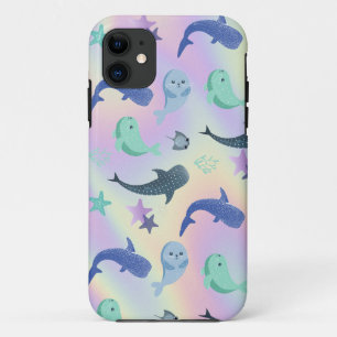 Capa Para iPhone 11 Foca-branca de peixe Ray Whale no gradiente Rainbo