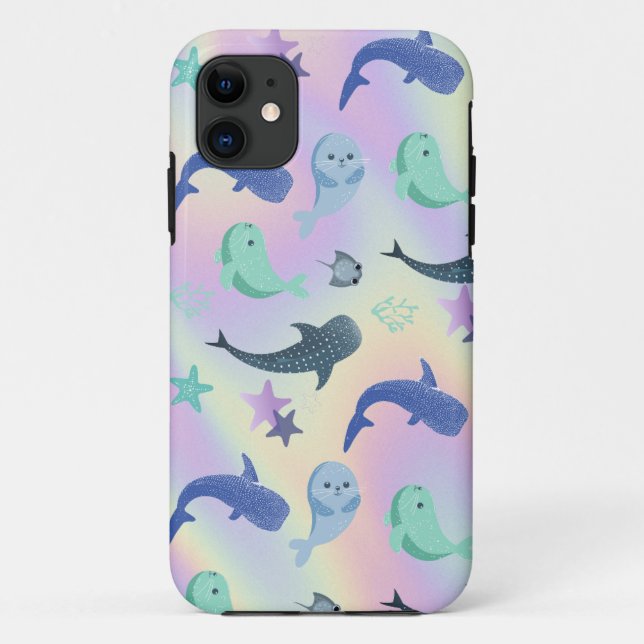 Capa Para iPhone 11 Foca-branca de peixe Ray Whale no gradiente Rainbo (Verso)