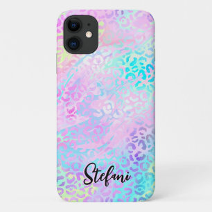 Capa Para iPhone 11 Foil Iridescente Arco-Íris-Leopardo-Rosa