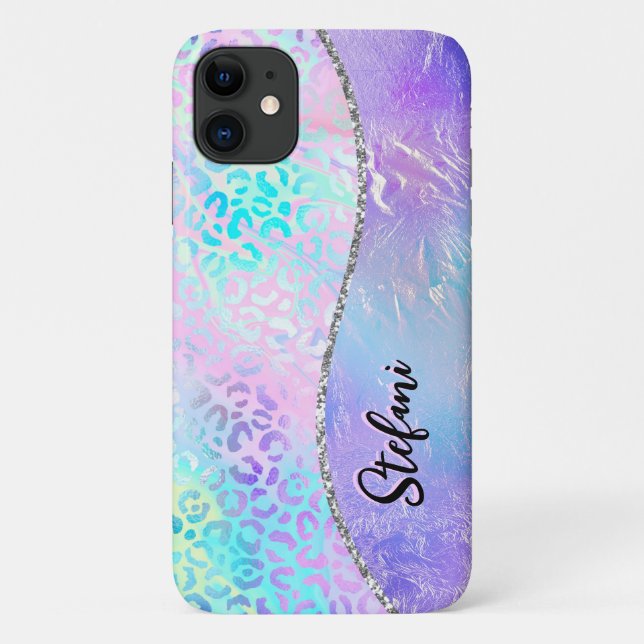 Capa Para iPhone 11 Foil Iridescente Arco-Íris-Leopardo-Rosa (Verso)