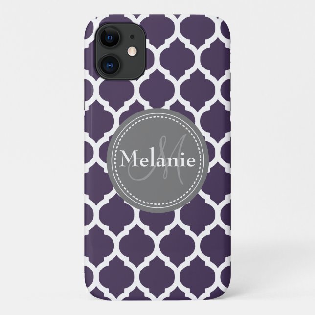 Capa Para iPhone 11 Folha de Cinza e roxo monograma (Verso)