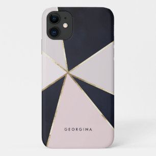 Capa Para iPhone 11 Folha de Ouro Faux Linhas Geométricas Azul e Rosa