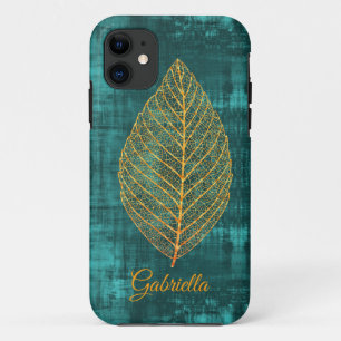 Capa Para iPhone 11 Folha Dourada em Satã Verde Teal -*personalize*