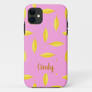 Capa Para iPhone 11 Folha seca amarela nome personalizado rosa