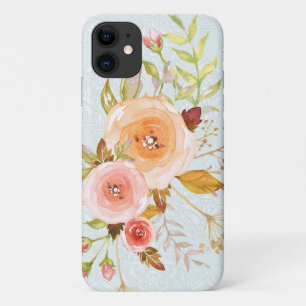 Capa Para iPhone 11 Folhagem de Rosa cor azul negras cor de água mode