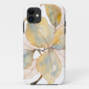 Capa Para iPhone 11 Folhas Botânicas de Aquarela Azul Dourado Suave