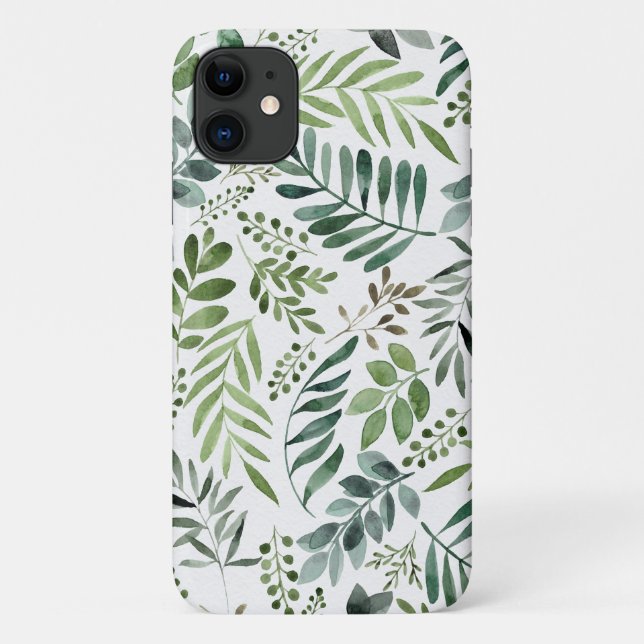 Capa Para iPhone 11 Folhas Botânicas Elegantes Aquarela  (Verso)