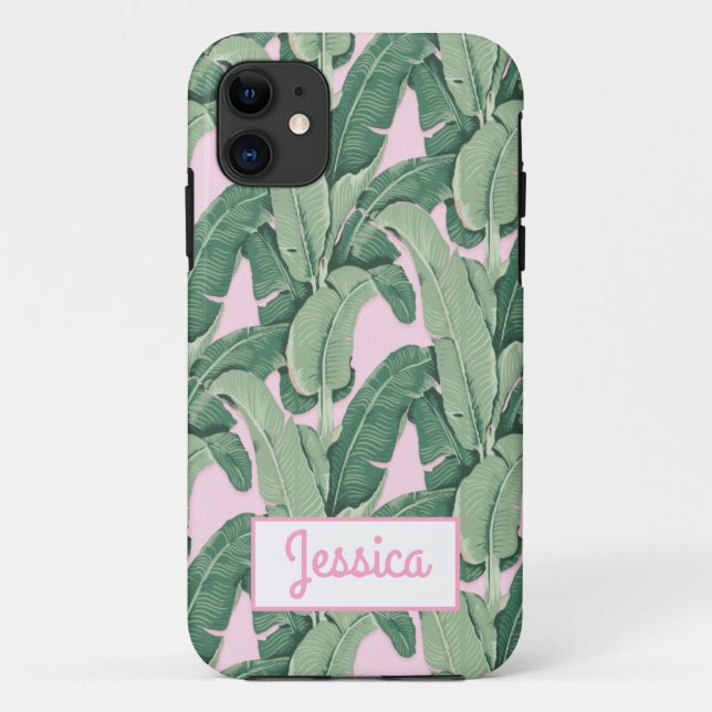 Capa Para iPhone 11 Folhas de Banana Tropicais a Rosa (Verso)