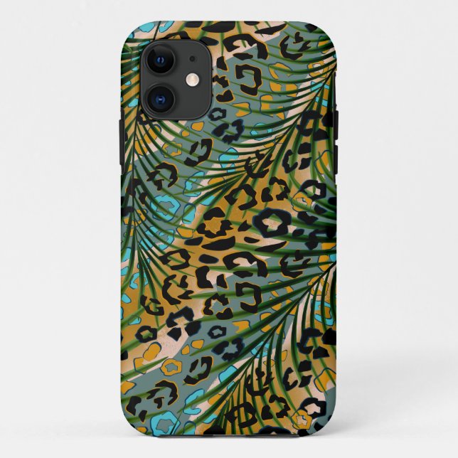 Capa Para iPhone 11 Folhas de palma num fundo-leopardo. (Verso)