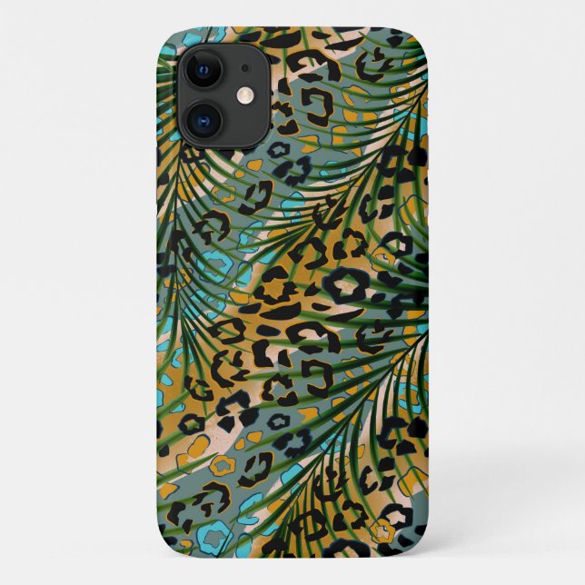 Capa Para iPhone 11 Folhas de palma num fundo-leopardo. (Verso)