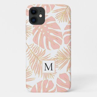 Capa Para iPhone 11 Folhas tropicais, cor-de-rosa-claro e dourado, e m