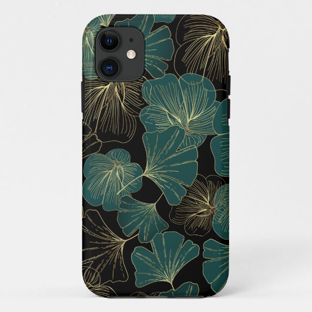 Capa Para iPhone 11 Folhas verdes Douradas (Verso)
