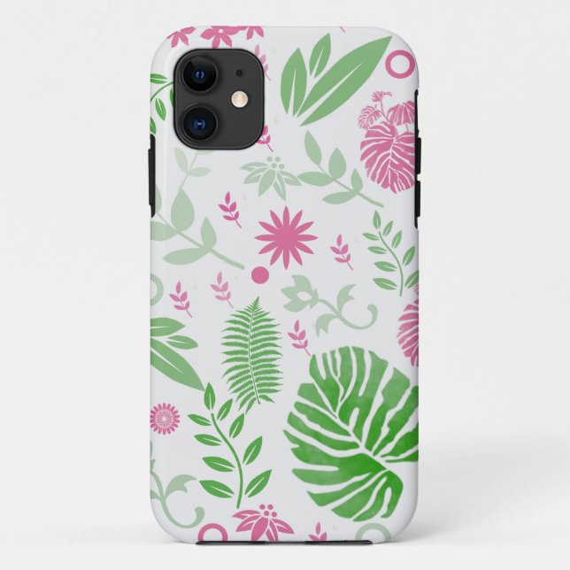 Capa Para iPhone 11 Folhas verdes e rosa e flores (Verso)