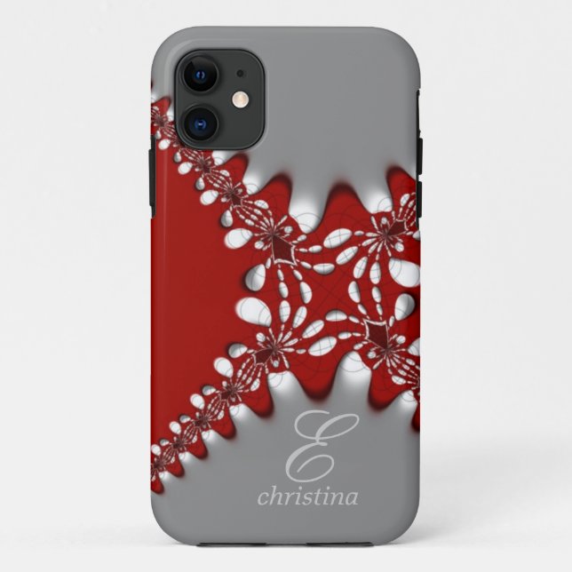 Capa Para iPhone 11 Fractais de rendas tribais Red Silver Monograma iP (Verso)