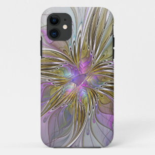 Capa Para iPhone 11 Fractal Abstrato Colorida Floral, Rosa E Dourada