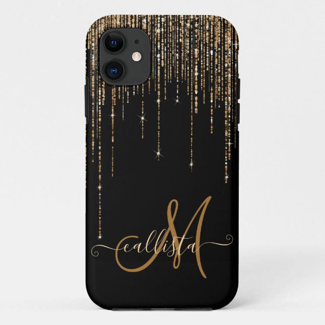 Capa Para iPhone 11 Frente Glitter Preto-Dourado Espelho Preto-Luxo (Verso)