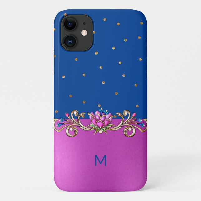Capa Para iPhone 11 Fuchsia Blue e Dourado Monograma (Verso)