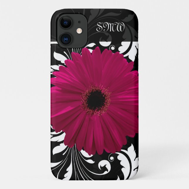 Capa Para iPhone 11 Fuchsia Gerbera Daisy com espiral Preta e Branca (Verso)