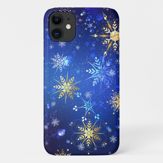 Capa Para iPhone 11 Fundo Azul XMAS com Flocos de Neve Ouro (Verso)