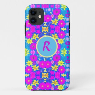 Capa Para iPhone 11 Fundo com padrão de flores rosa azul amarelo adici