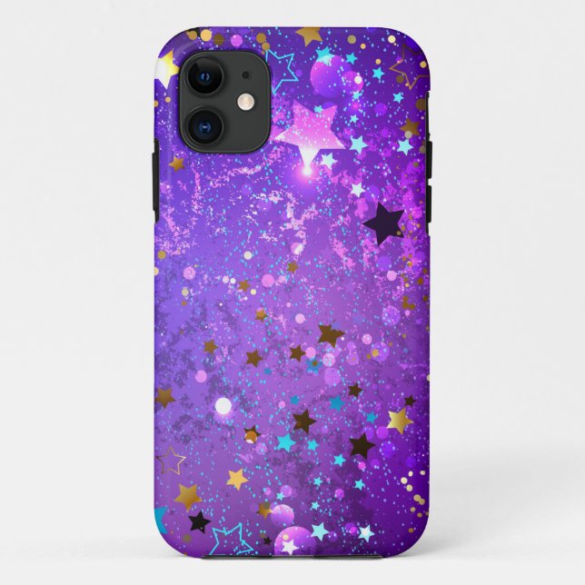 Capa Para iPhone 11 Fundo de folhas roxas com estrelas (Verso)