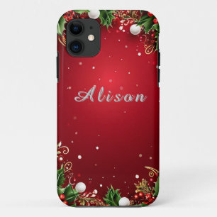 Capa Para iPhone 11 Fundo festivo de Natal com azevinho e bagas