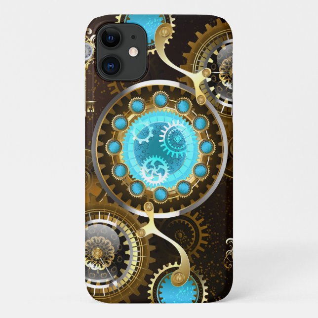 Capa Para iPhone 11 Fundo Rusty Steampunk com Lentes Turquesa (Verso)