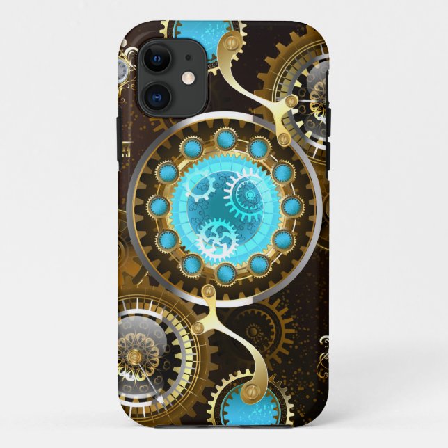 Capa Para iPhone 11 Fundo Rusty Steampunk com Lentes Turquesa (Verso)