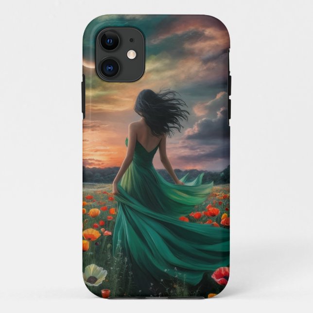 Capa Para iPhone 11 Garota com vestido esmeralda (Verso)