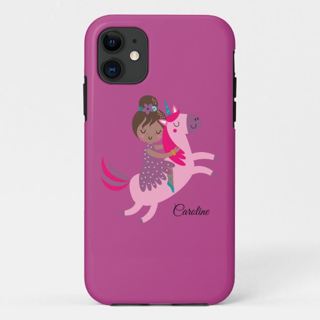 Capa Para iPhone 11 Garota de Brunette Caçada no Unicórnio (Verso)