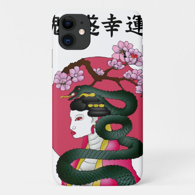 Capa Para iPhone 11 Garota Geisha e serpente (Verso)