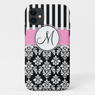 Capa Para iPhone 11 Garota, Rosa, Negro, Damasco Seu Monograma Inicial