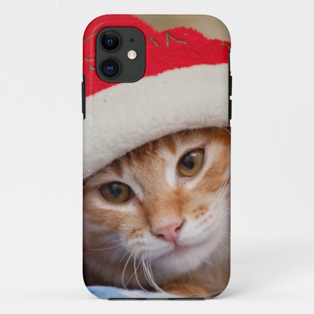 Capa Para iPhone 11 Gatinho pequeno no chapéu vermelho do Natal (Verso)
