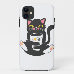 Capa Para iPhone 11 Gato abraçando uma caneca de café - Escolha cor de